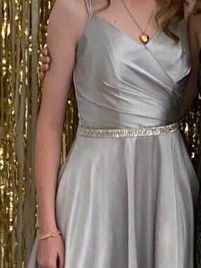 Silver Satin Hoco Dress with Embellished Waist